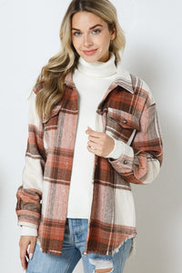 CURVY RUST AND BROWN PLAID FRINGE TOP/SHACKET