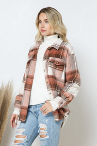CURVY RUST AND BROWN PLAID FRINGE TOP/SHACKET